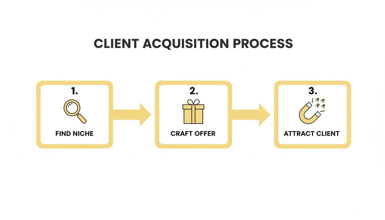 A diagram illustrates a three-step client acquisition process: Find Niche, Craft Offer, Attract Client.