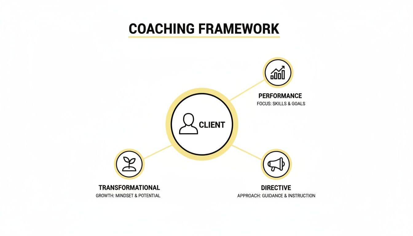 Diagram showing a coaching framework with client at the center, connected to performance, transformational, and directive coaching approaches.
