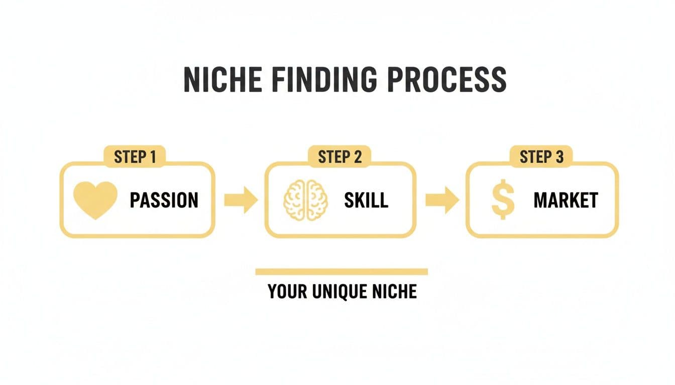 Infographic illustrating the niche finding process through passion, skill, and market to find a unique niche.