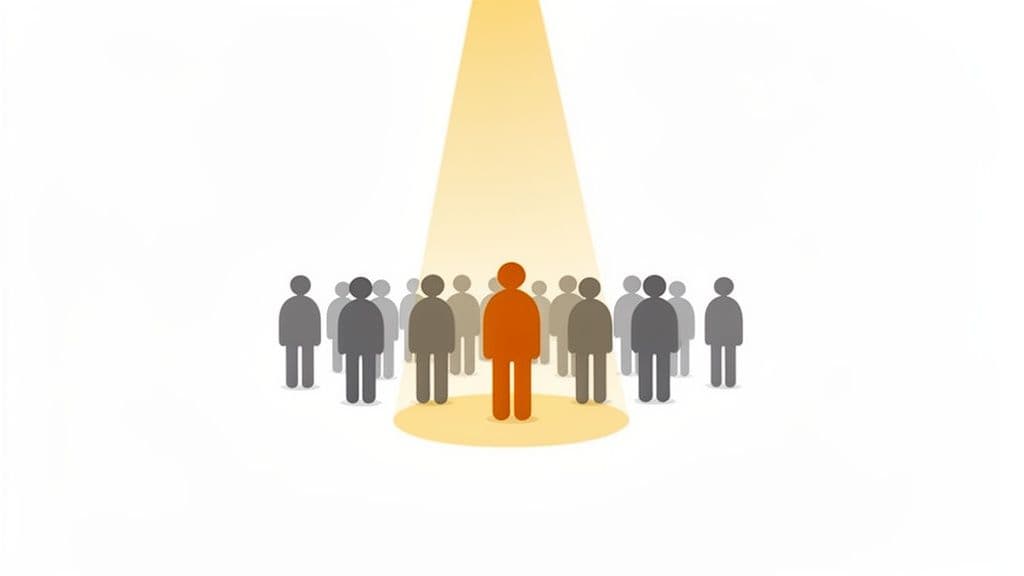 An orange person in a spotlight stands out from a large grey crowd, symbolizing focus or selection.
