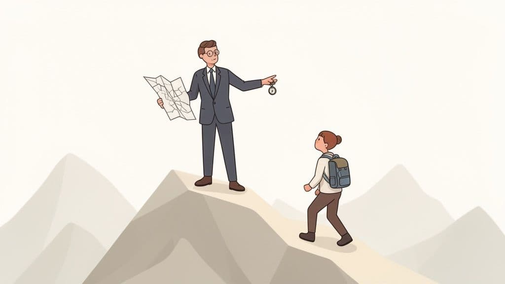 A business coach with a map and compass guides a person up a mountain path.