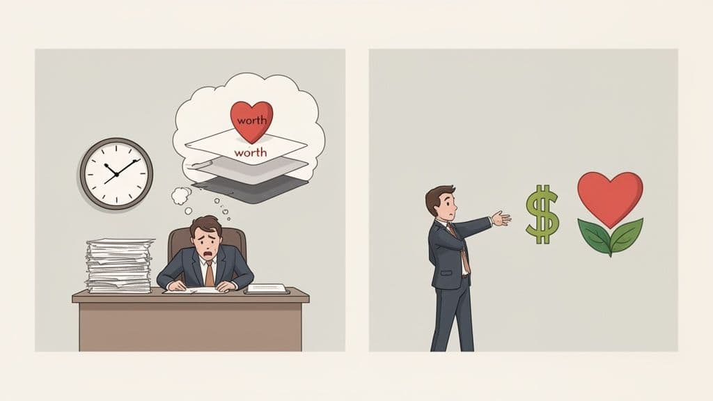 A stressed worker ponders worth amidst stacks of papers, while another chooses money or love.