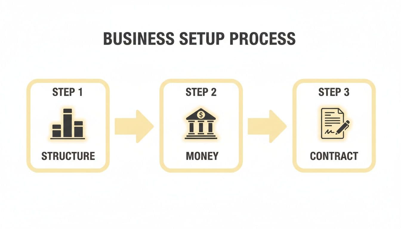 Infographic detailing the business setup process with steps for structure, money, and contracts.