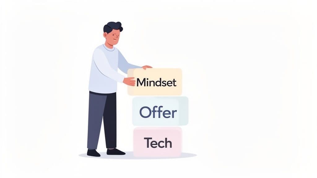 A cartoon man stacks blocks labeled 'Mindset', 'Offer', and 'Tech', representing business fundamentals.