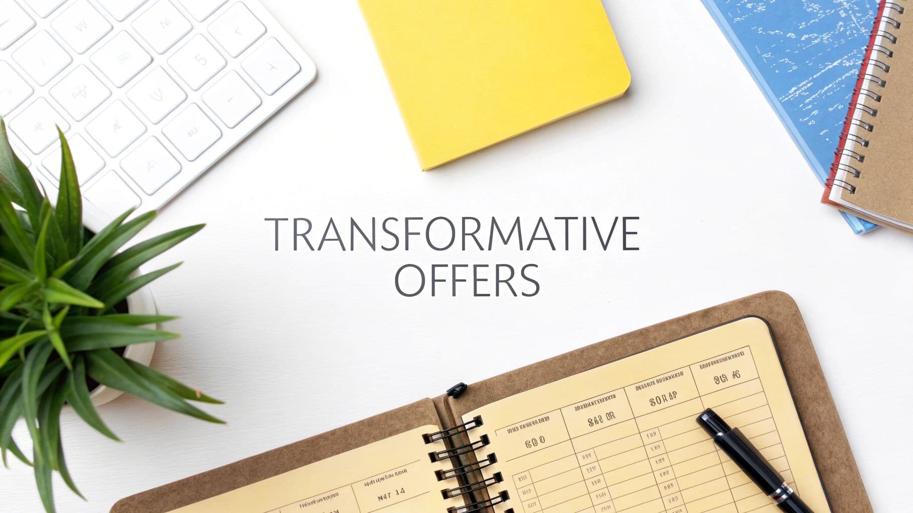 Overhead view of a desk with a plant, keyboard, notebooks, and 'TRANSFORMATIVE OFFERS' text.