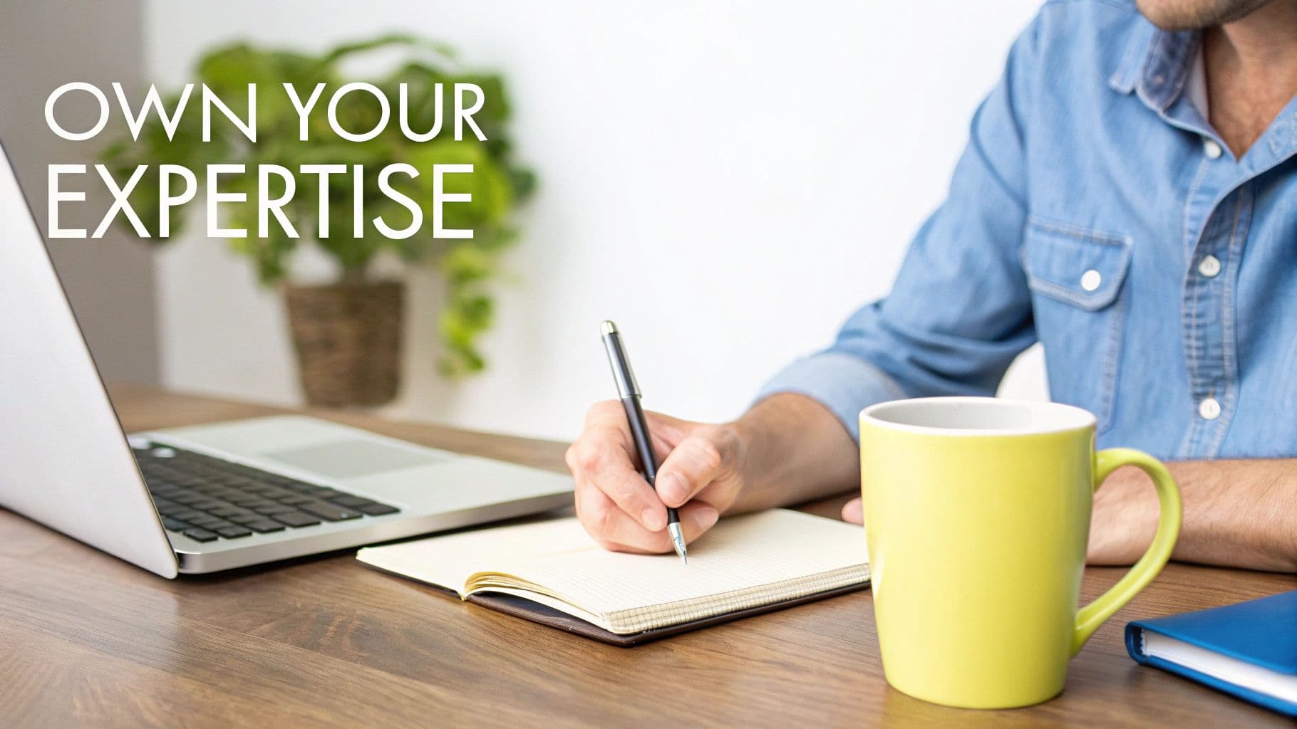 A person writing in a notebook on a desk with a laptop, yellow mug, and plant.