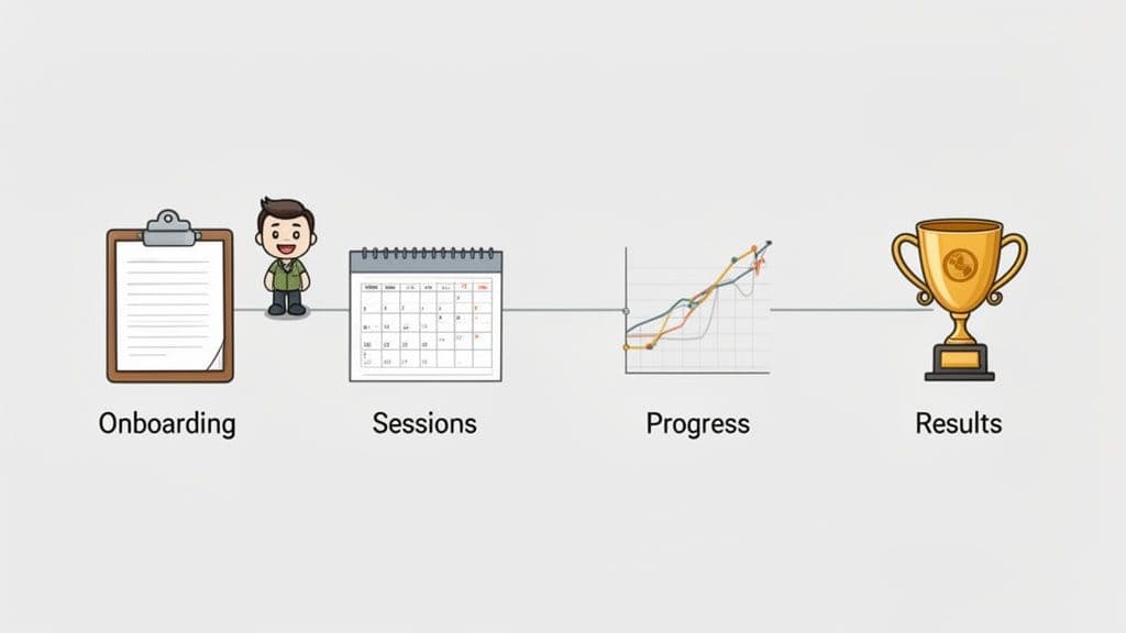Visual flow of a coaching program, showing onboarding, sessions, progress tracking, and achieving results.