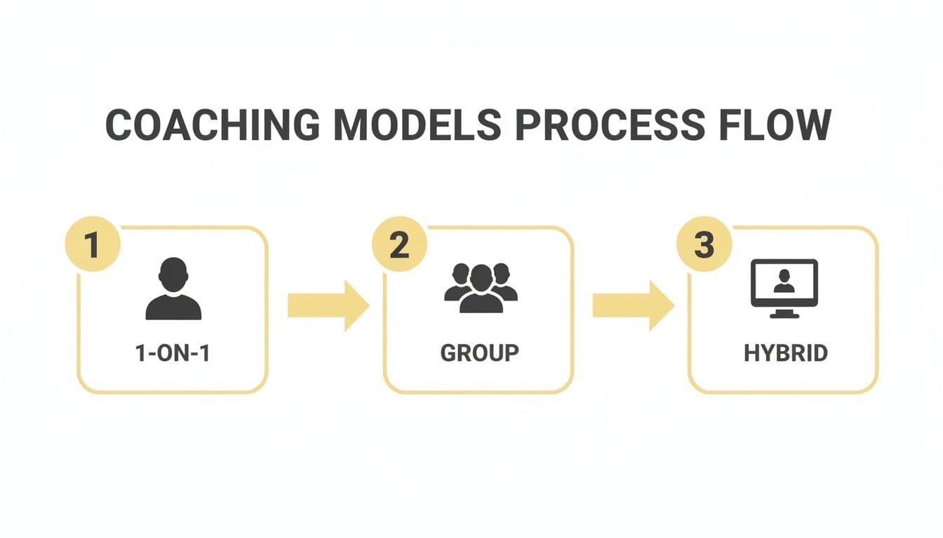 A process flow diagram illustrating different coaching models: 1-on-1, group, and hybrid approaches.