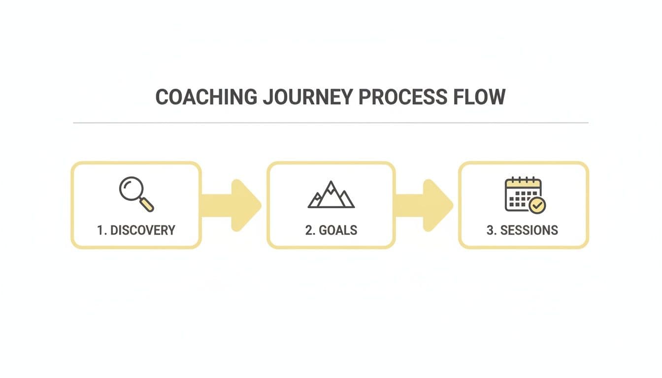Diagram illustrating the three-step coaching journey process: 1. Discovery, 2. Goals, and 3. Sessions.