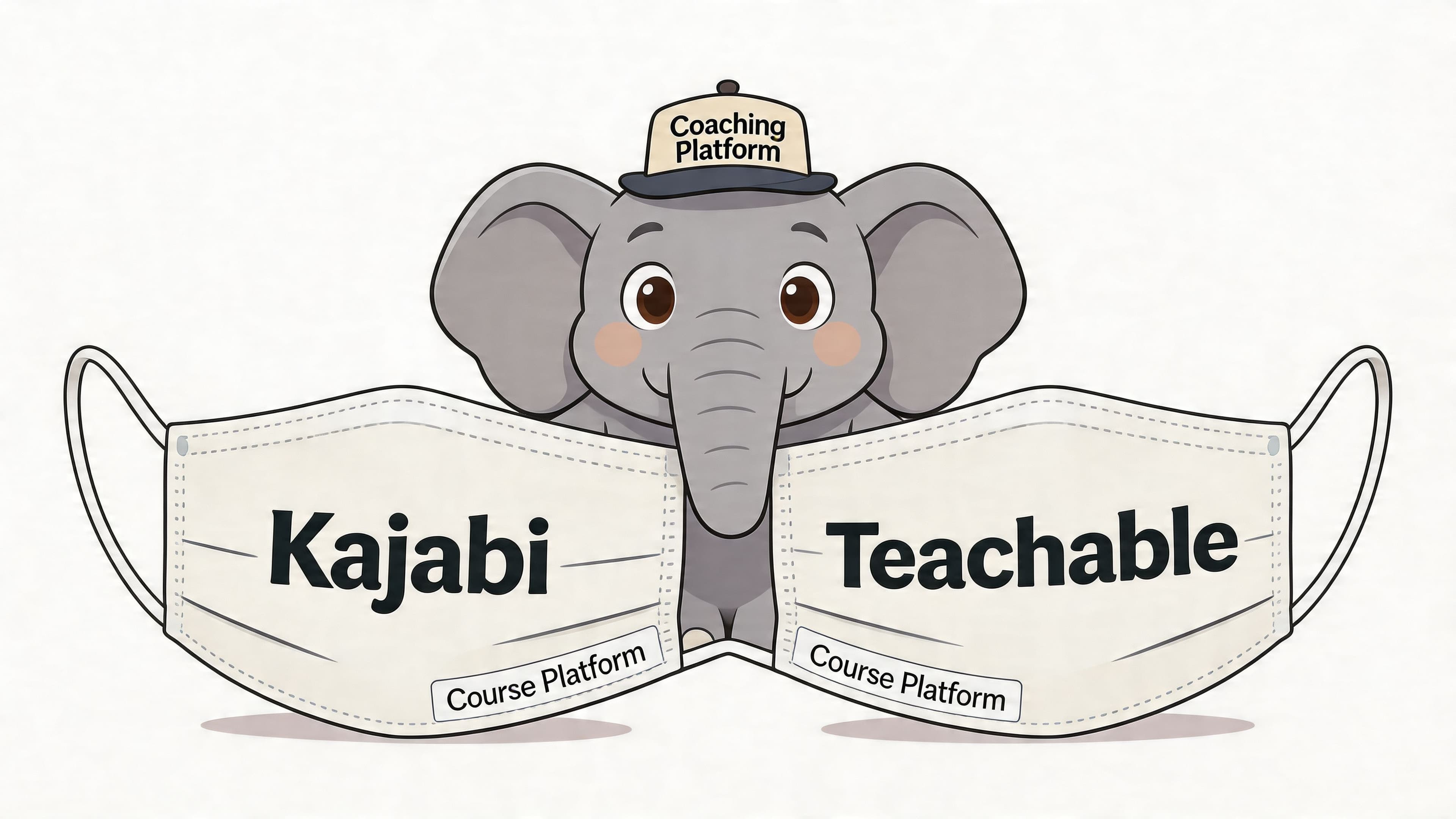 A cute cartoon elephant wearing a coaching platform hat behind a mask showing Kajabi and Teachable platforms.