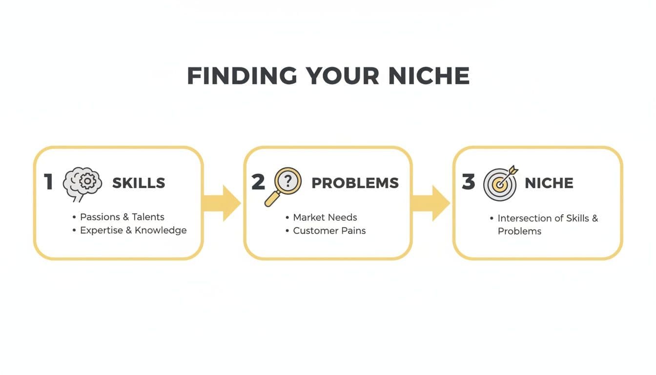 A diagram explaining how to find your niche by combining skills and identifying market problems.