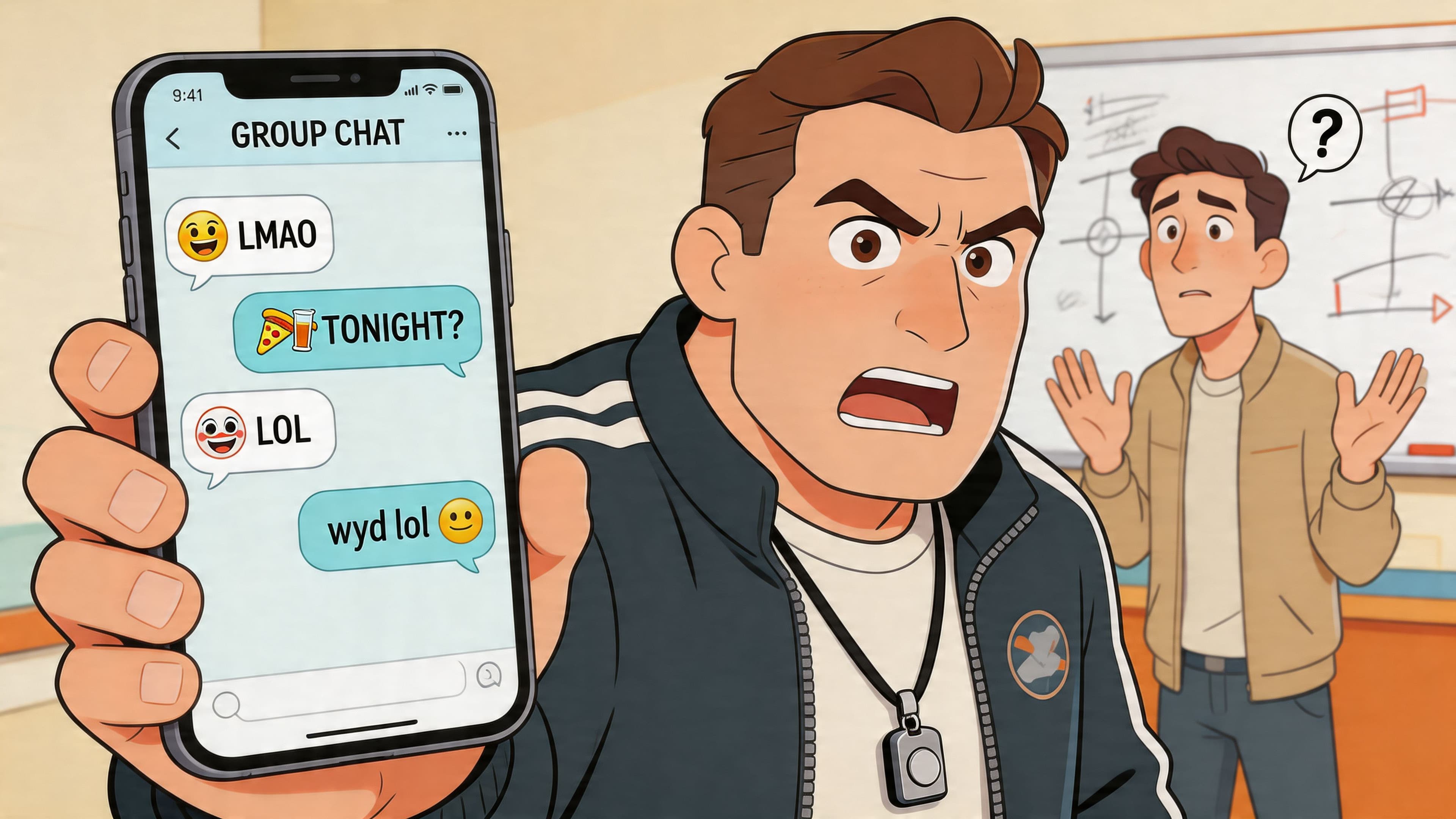 A cartoon man shows a group chat on his phone screen to a confused person behind him.