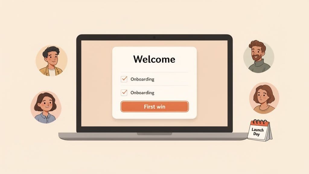 A laptop displays a 'Welcome' screen with onboarding steps, surrounded by diverse team avatars and a 'Launch Day' calendar.
