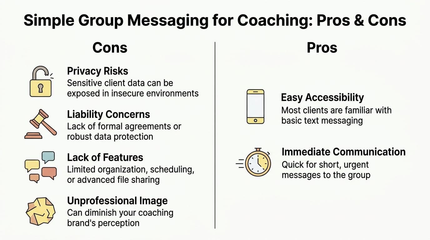 A comparison chart outlining the pros and cons of using simple group messaging for professional coaching.