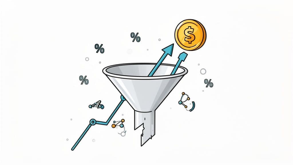 An illustration of a business sales funnel converting various data points into a golden dollar coin symbol.