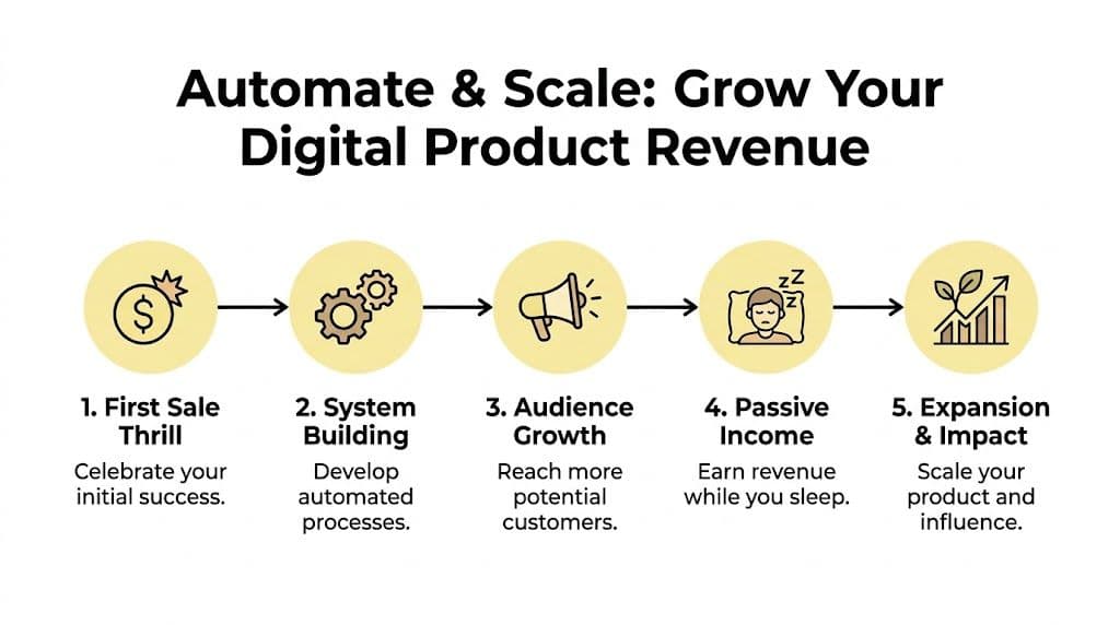 A five-step infographic showing the process of growing digital product revenue from first sale to scaling.