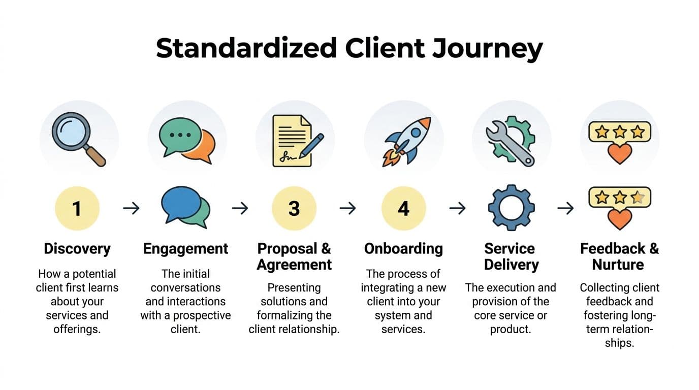 A diagram outlining a standardized six-step client journey from initial discovery to feedback and nurture.