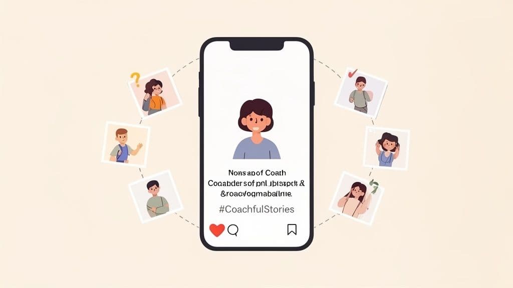 A smartphone displaying user stories, surrounded by happy people in polaroid-like photos, illustrating social proof.