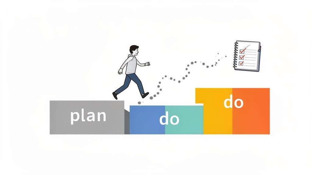 Cartoon illustration of a person walking up steps labeled 'plan' and 'do' towards a completed checklist.