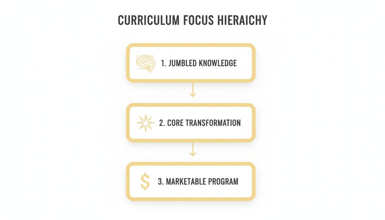 A three-step curriculum focus hierarchy flowchart, moving from jumbled knowledge to a marketable program.