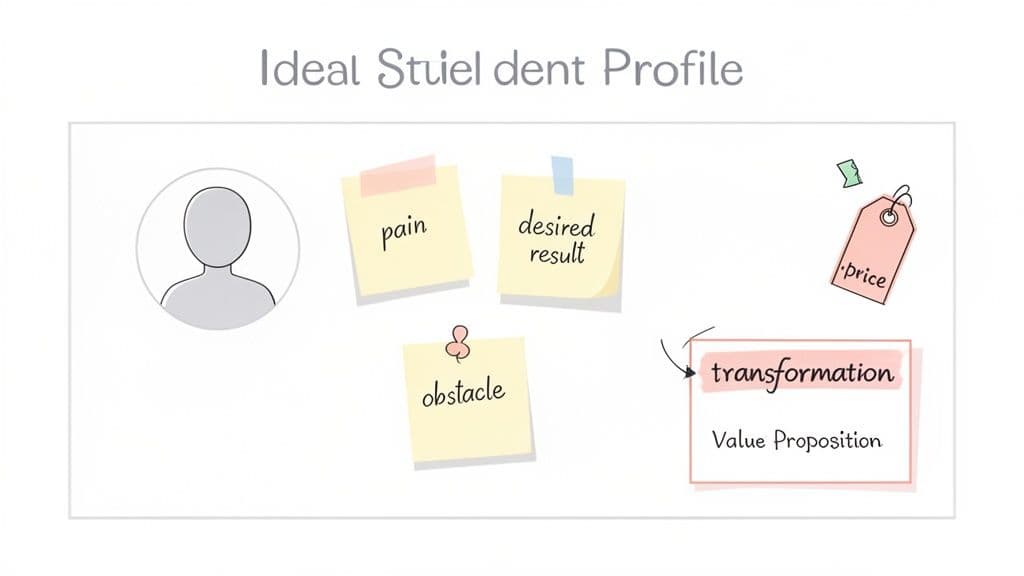 A diagram outlining an ideal student profile, showing pain, desired result, obstacle, transformation, value proposition, and price.