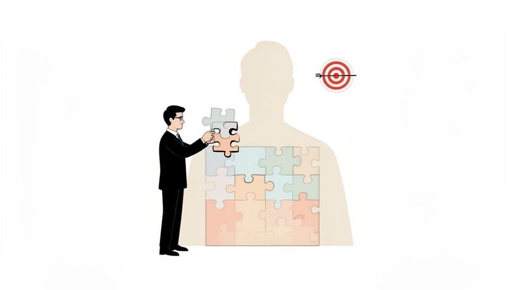 A businessman completing a puzzle within a human silhouette, with a target in the background, symbolizing goal achievement.