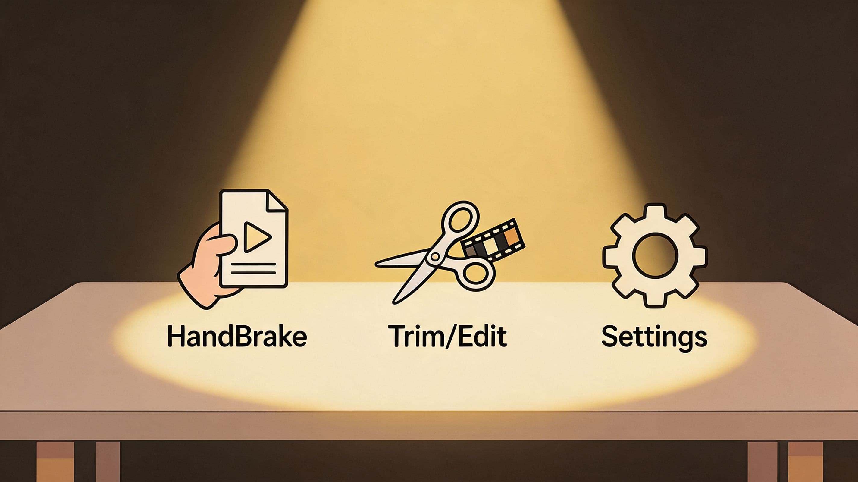 A menu interface with three options: HandBrake for file processing, Trim/Edit for video, and Settings icon.