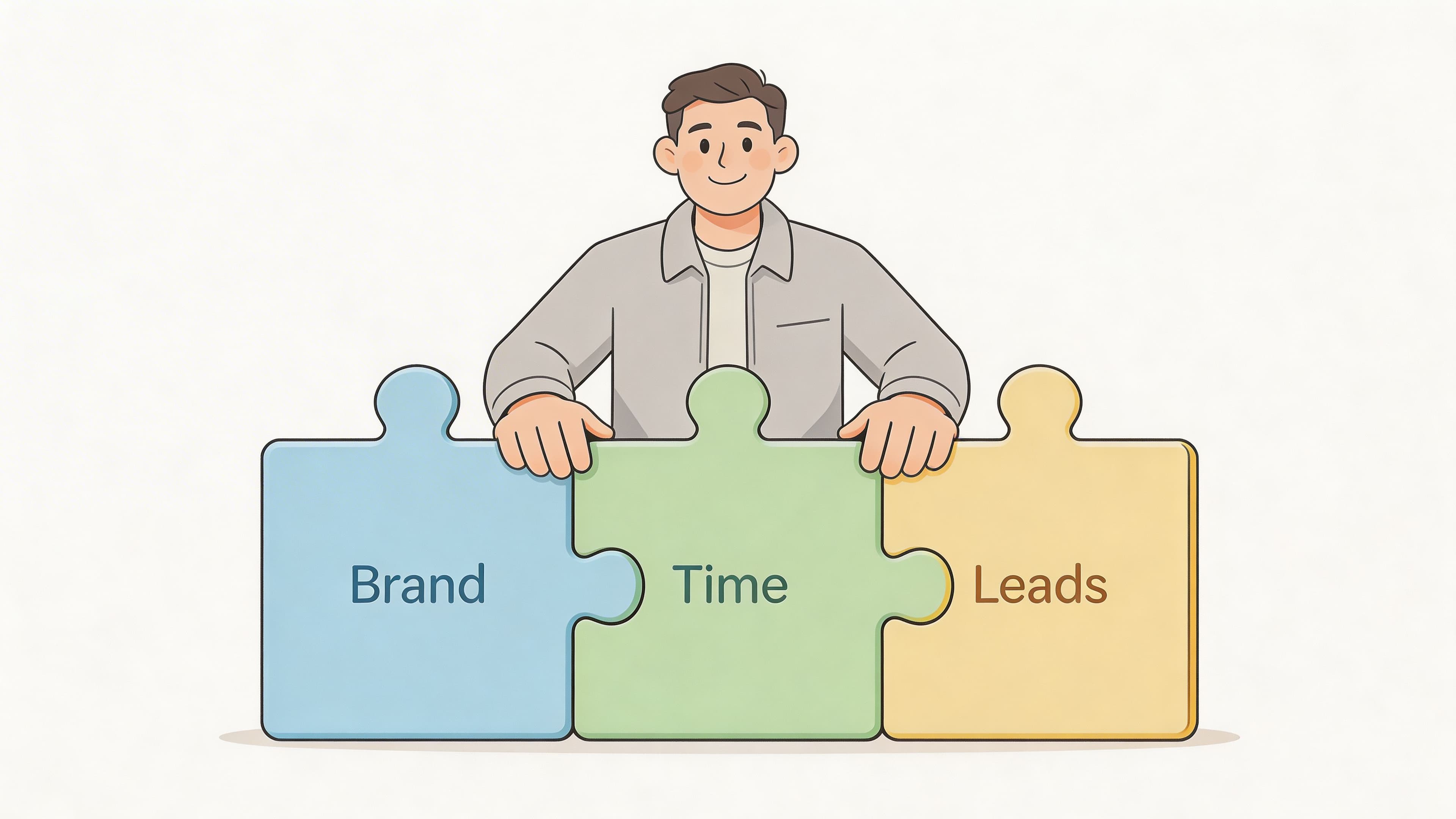 A friendly man assembling three puzzle pieces labeled Brand, Time, and Leads in this business concept illustration.