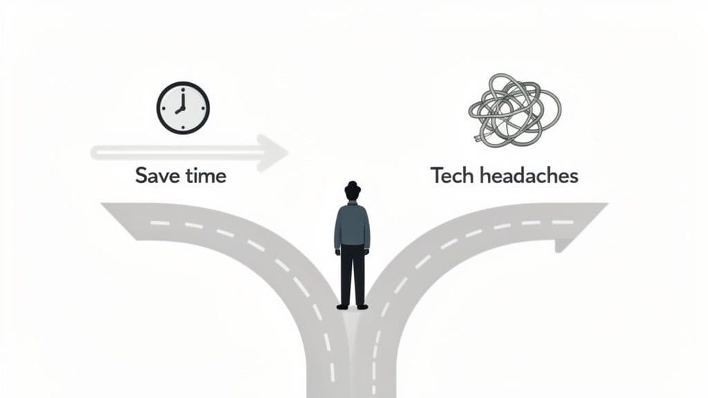 A person stands at a crossroads, facing a choice between saving time and tech headaches.