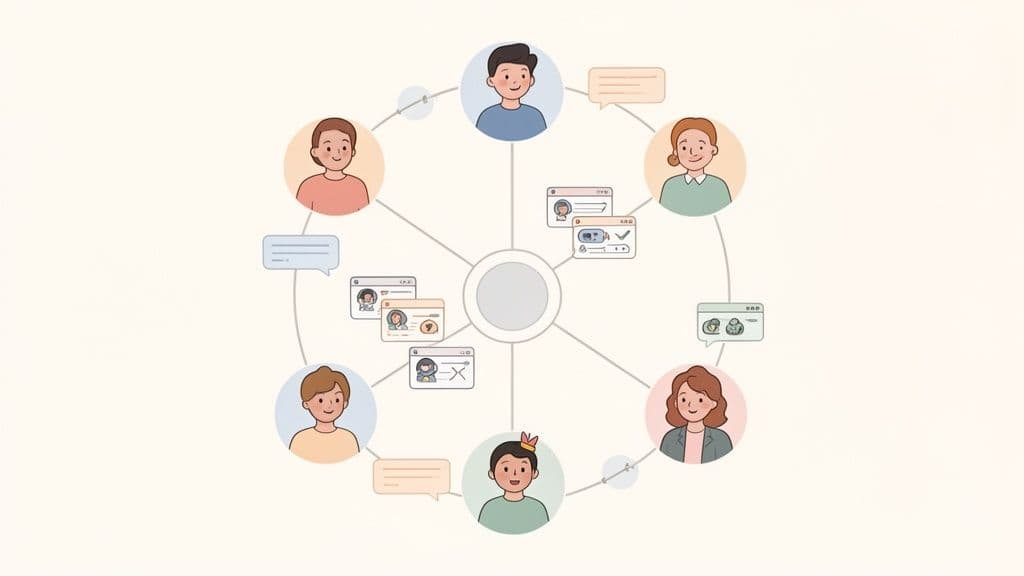 Illustration of diverse people connected in a network, interacting with digital interfaces and managing information.