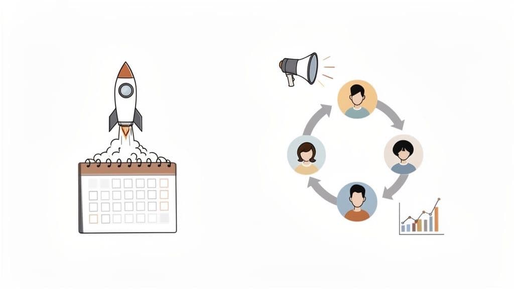 Illustrates a scheduled product launch and a cyclical team collaboration driving marketing growth.