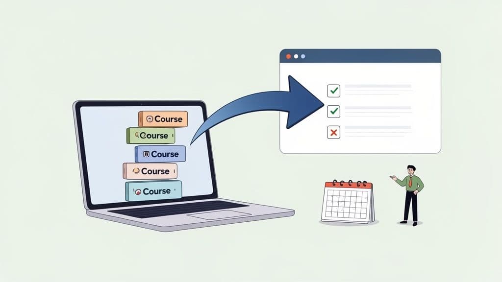 Illustration of online courses on a laptop, progressing to a checklist, a calendar, and a man.