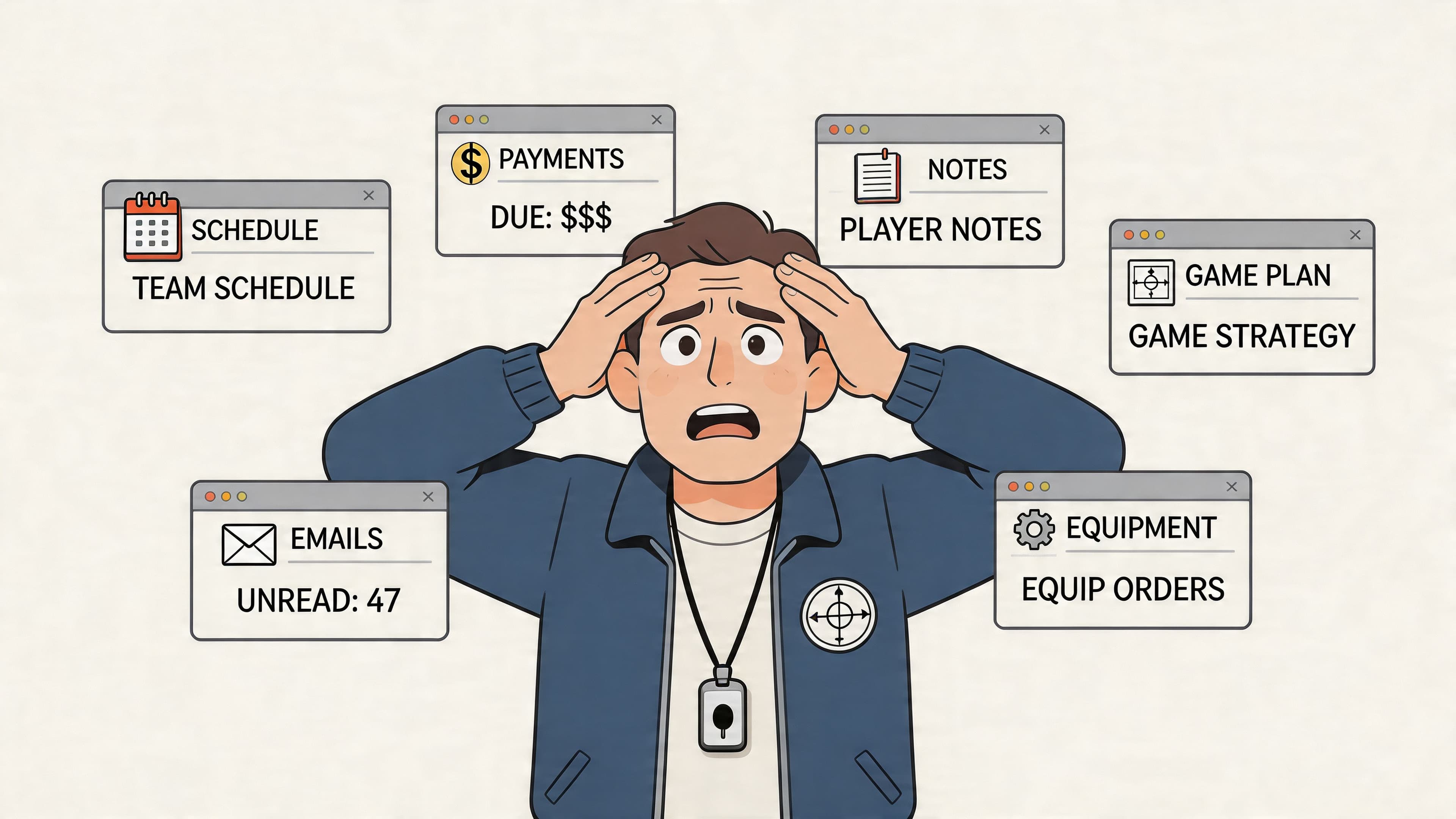 A stressed sports coach overwhelmed by multiple digital tasks and notifications floating around his head.