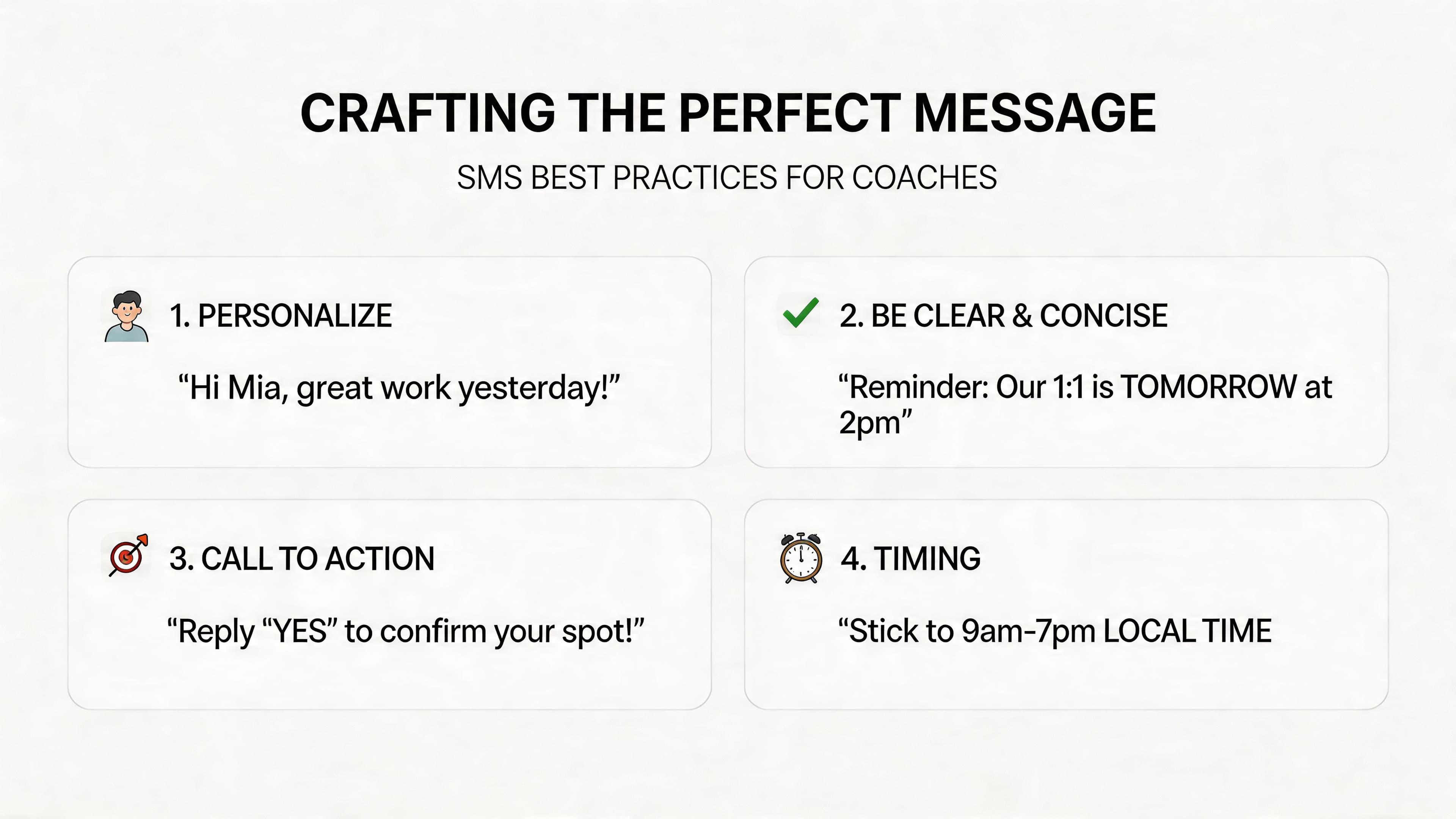 A list of four SMS best practices for coaches, including personalization, clarity, calls to action, and timing.