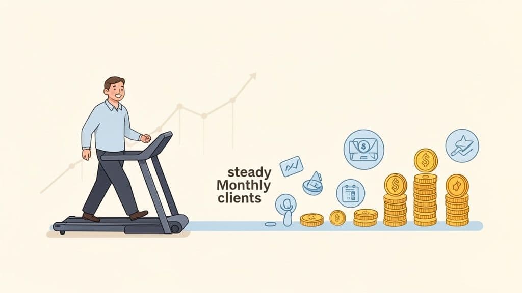 Illustration of a man on a treadmill, symbolizing consistent effort leading to steady monthly clients and financial growth.