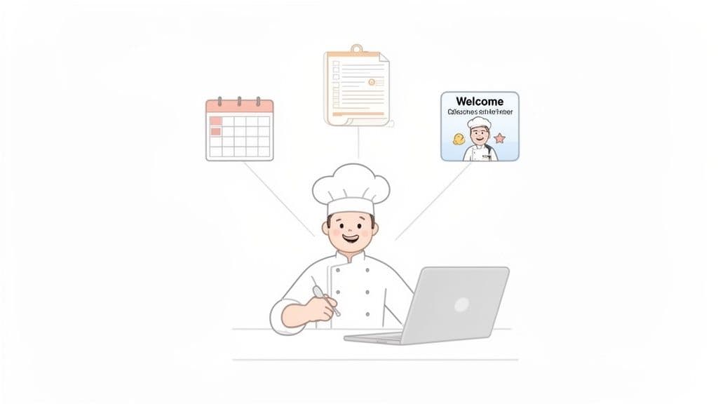 Cartoon chef managing tasks with calendar, checklist, and client welcome screen on laptop.