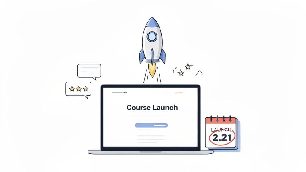 A rocket launching above a laptop showing 'Course Launch' with review stars and a calendar date.