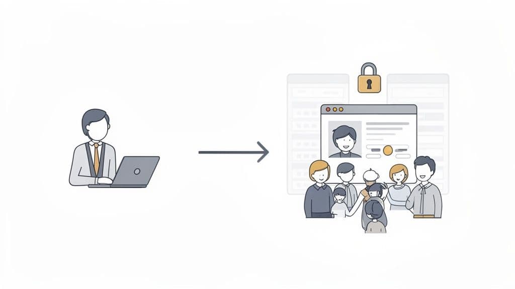 A person using a laptop manages a secure online profile and a diverse group of users.
