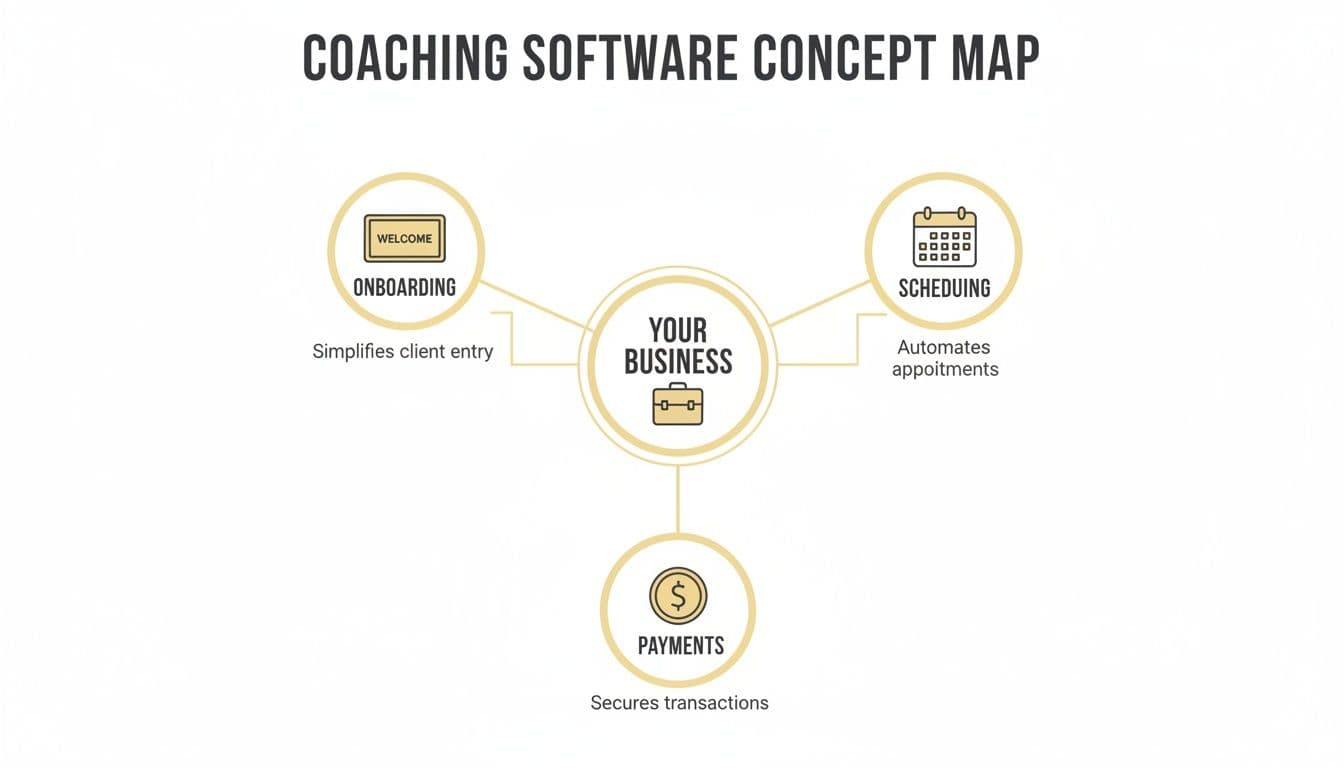 Concept map illustrating coaching software features: onboarding, scheduling, and secure payments for businesses.