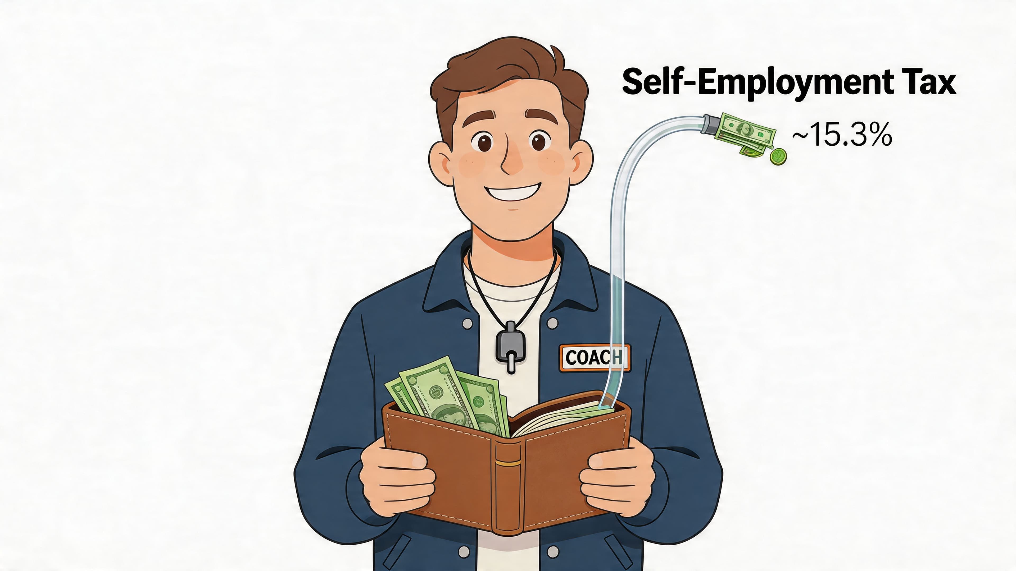 A cartoon coach smiling while holding a wallet with money being siphoned out for self-employment tax.