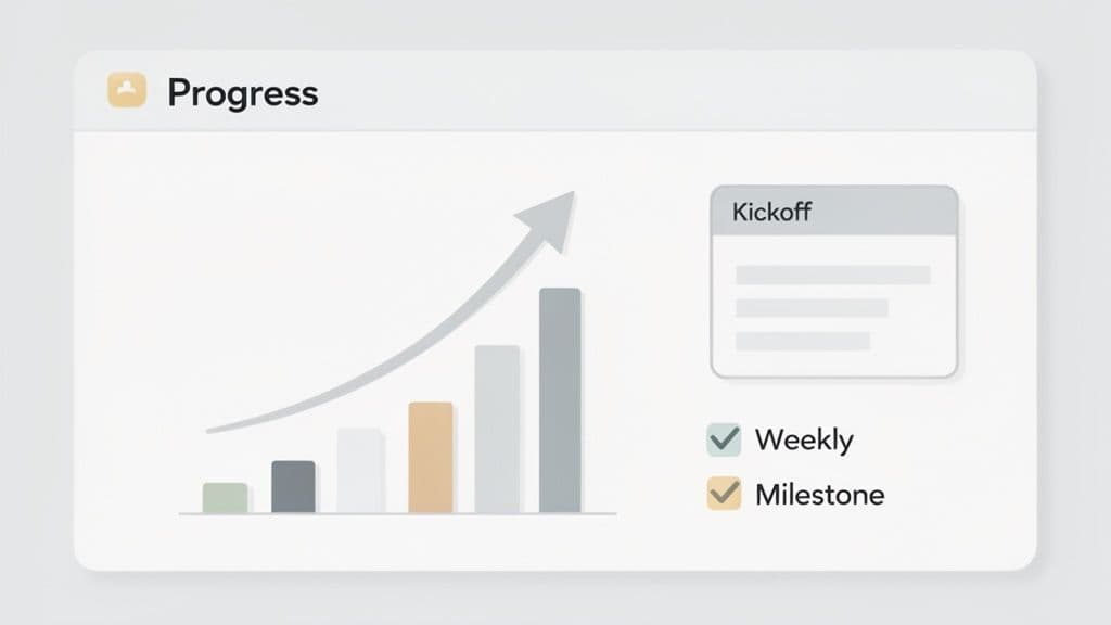 A minimalist dashboard illustrating project progress with an upward trending bar chart and checklist items.
