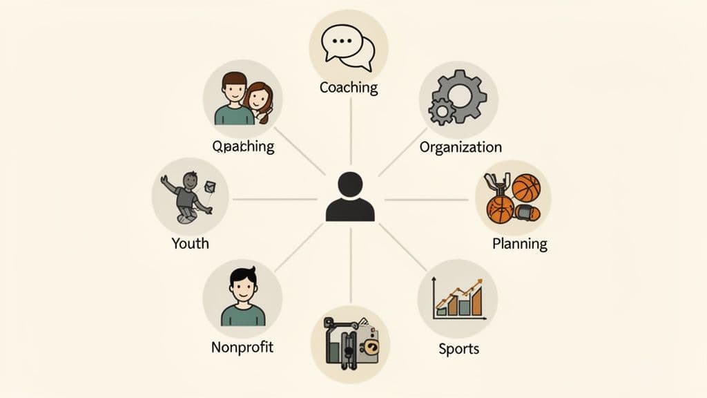 Diagram illustrating a person's involvement in coaching, organization, planning, sports, nonprofit, youth, and Qpatching.