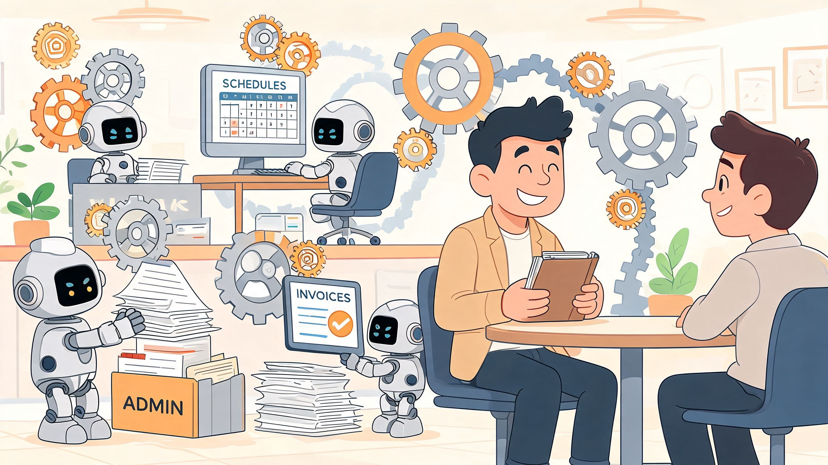 Friendly cartoon scene featuring professionals collaborating while automated robots handle office tasks, schedules, and administrative invoice management.