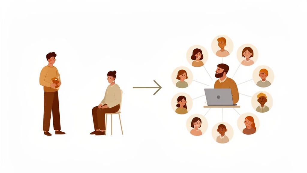 Illustration of a man with a laptop connecting to a diverse online community represented by avatars.