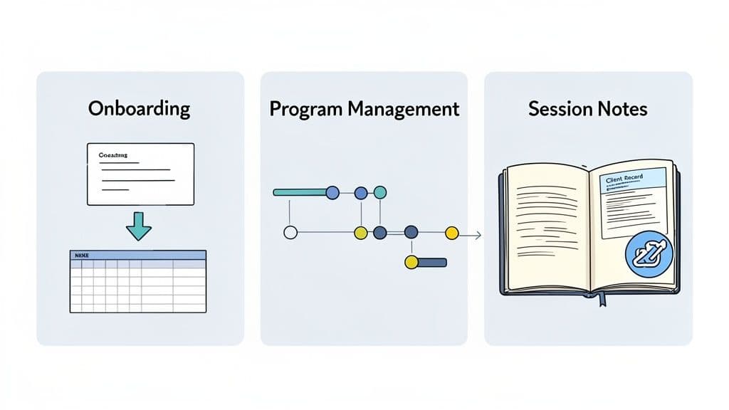 An illustration showing a three-step process for client management: onboarding, program management, and session notes.