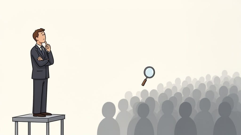 A pensive businessman on a platform observes a large crowd, with a magnifying glass hovering above them.