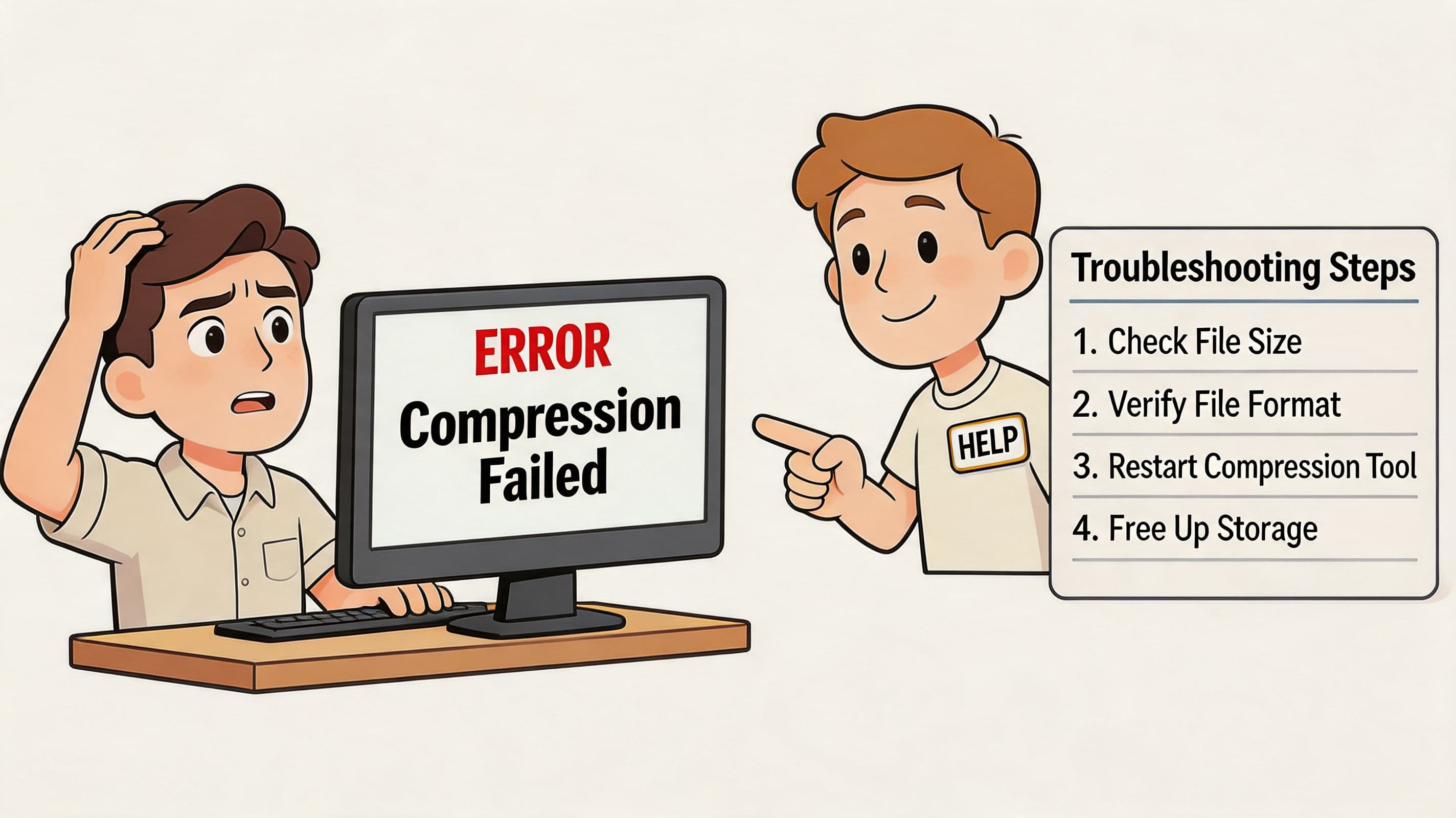 A confused person staring at a computer screen showing a compression failed error with troubleshooting advice.