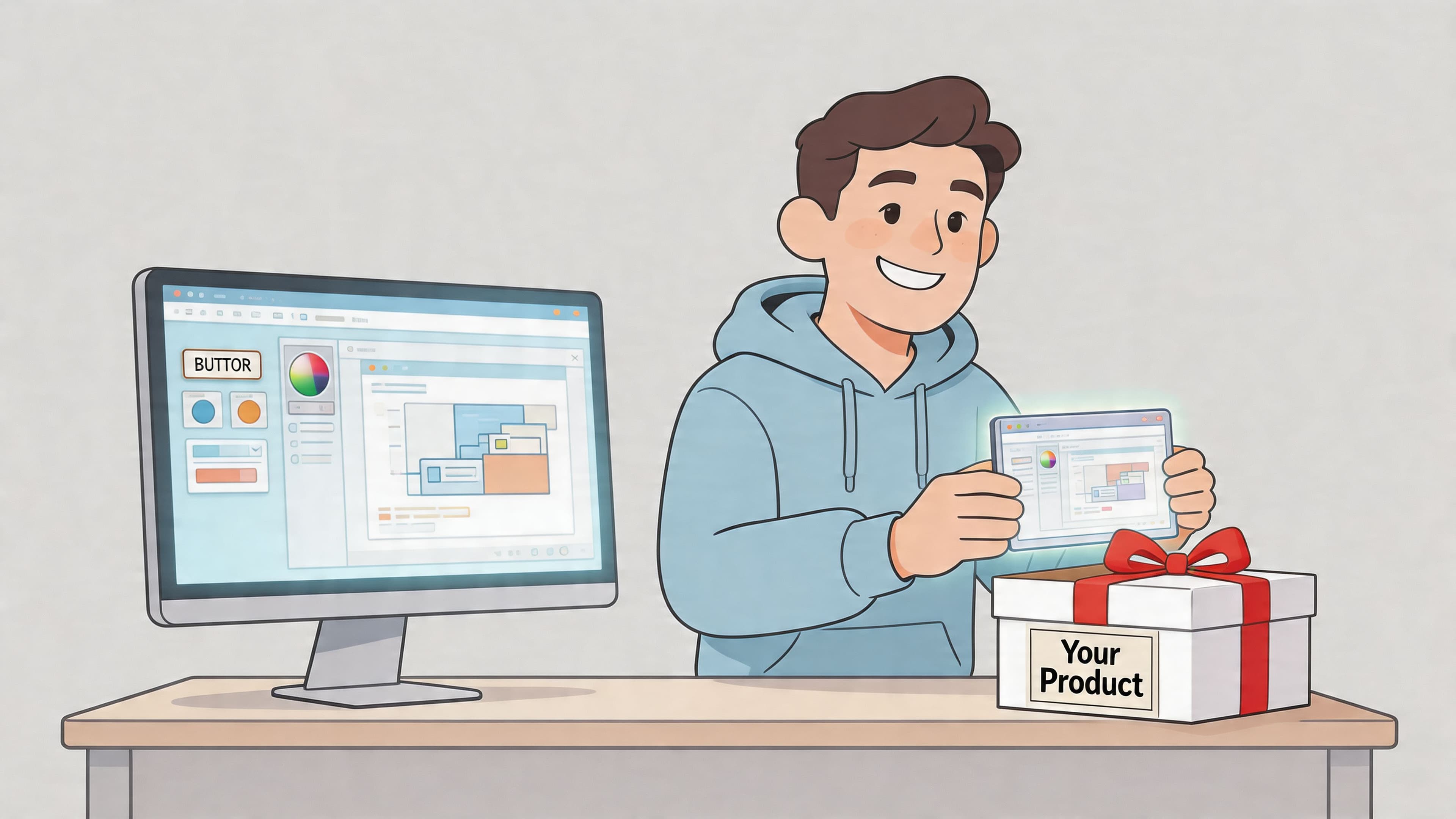 A happy designer holding a digital tablet near a computer and a gift box labeled Your Product.