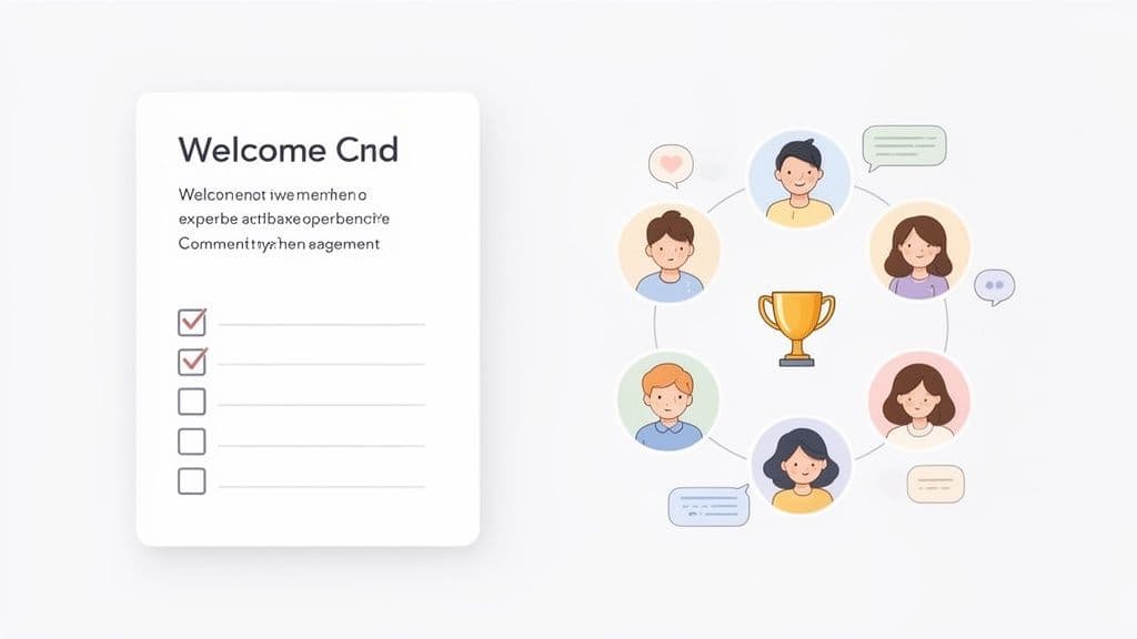 A welcome card with a checklist, and a community of cartoon avatars surrounding a golden trophy.
