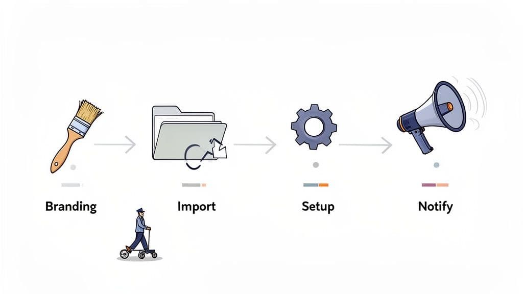 A visual workflow of four steps: branding, import, setup, and notify, represented by icons.